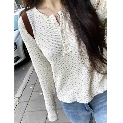 Brandy bm新款碎花长袖打底衫华夫格圆领纽扣T恤女内搭上衣