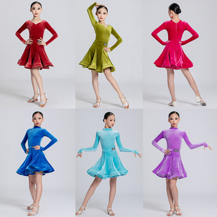 雅色墨画秋冬少儿女童拉丁舞规定比赛服专业长袖丝绒国际标准舞裙