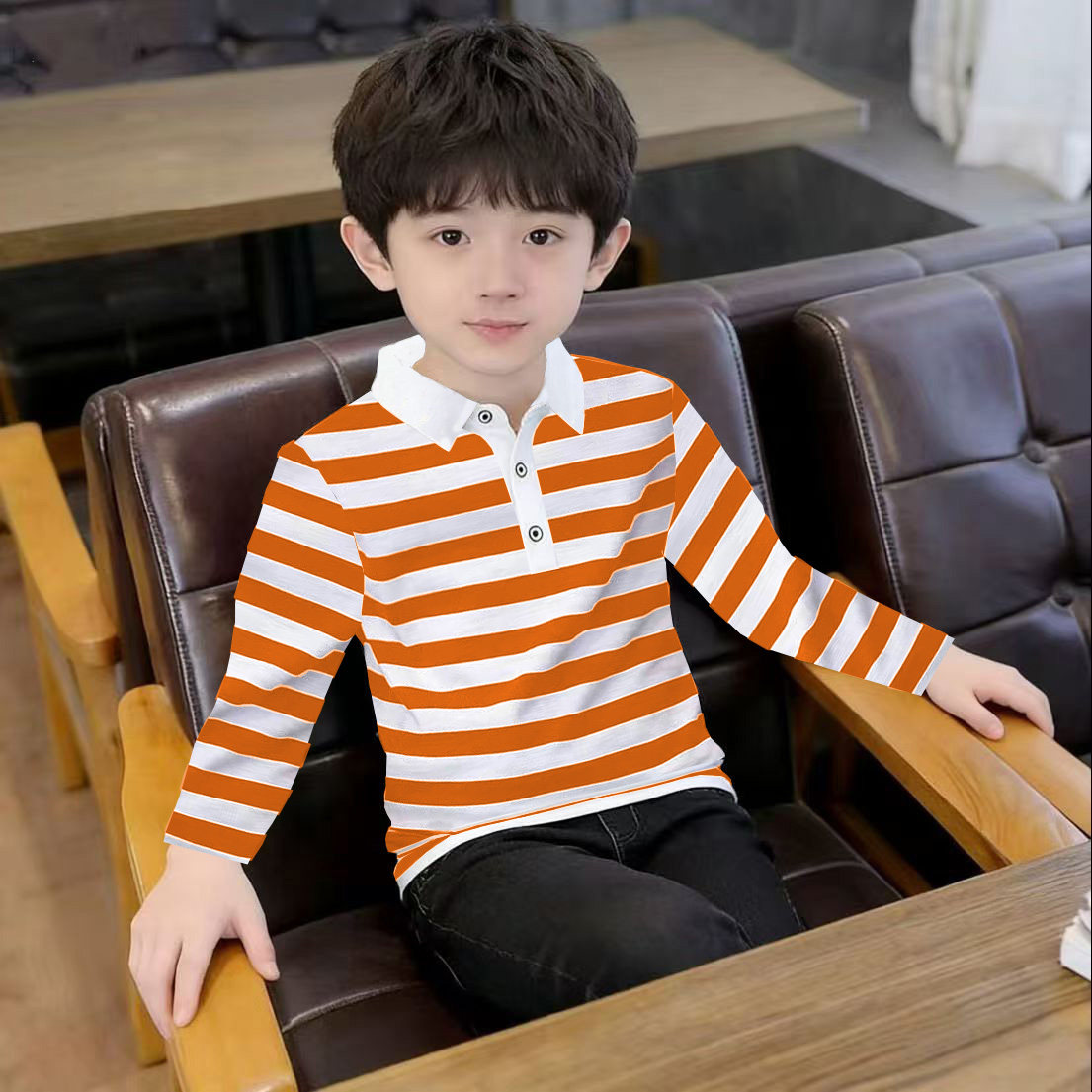 纯棉童装男童春秋长袖翻领t恤中大童条纹薄款儿童打底衫单件上衣
