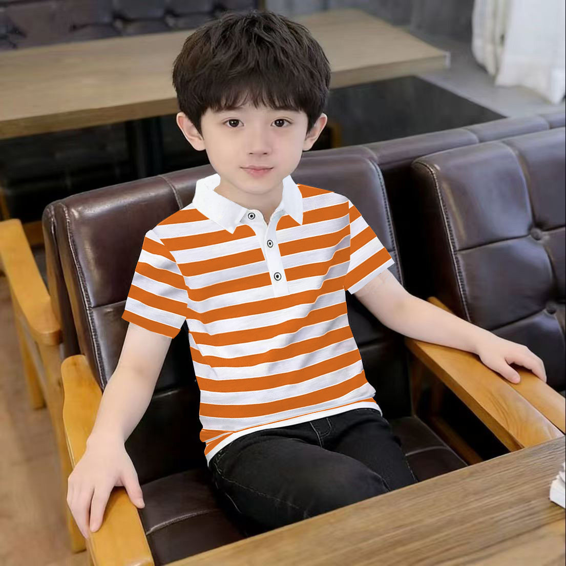 童装短袖t恤夏天纯棉儿童打底衫夏季条纹休闲中大童小孩翻领薄款