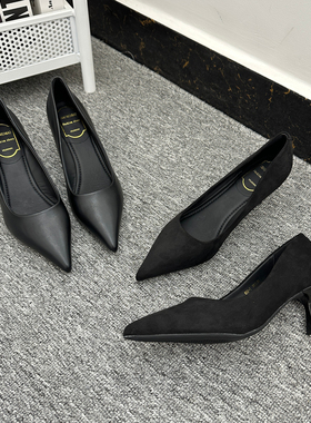 出K外贸真皮浅口单鞋女气质优雅尖头轻便舒适通勤百搭黑色高跟鞋