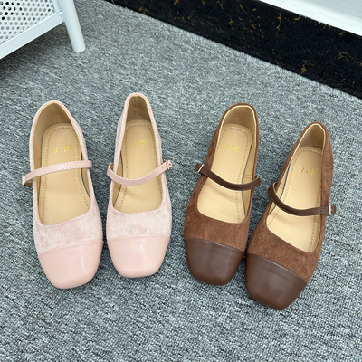 绒面一字扣柔软大码平底方头外贸