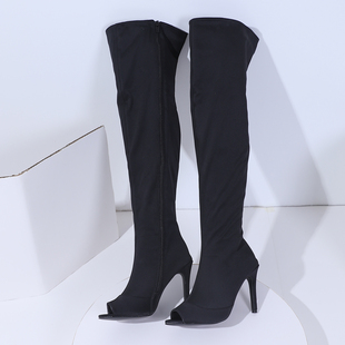 显腿长神器 出K外贸黑色绒面性感侧拉链透气增高过膝长筒鱼嘴靴女