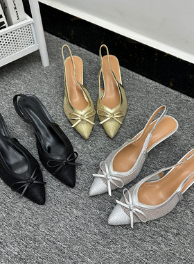 美翻~仙女风外贸出K尖头高跟鞋女精致蝴蝶结轻便镂空透气包头凉鞋