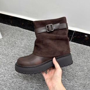美拉德 国内撤柜皮带扣马丁靴女秋冬款薄绒侧拉链厚底堆堆裤管靴