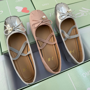 韩版方头平底芭蕾鞋女大吗甜美风珍珠蝴蝶结交叉带一脚蹬浅口单鞋