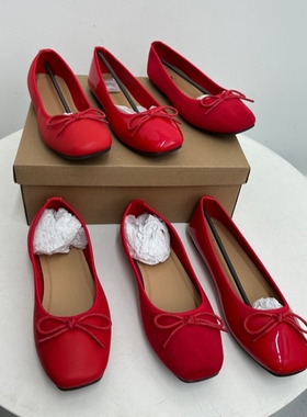 通勤法式方头平底小红鞋女时尚大码蝴蝶结柔软舒适一脚蹬浅口单鞋