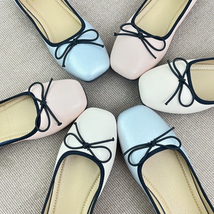 温柔蝴蝶结方头浅口平底芭蕾单鞋 新款 女 女2025春季 软皮软底豆豆鞋