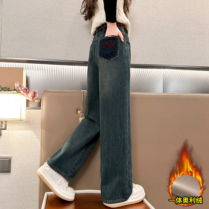 女童加绒牛仔裤秋冬11岁大童韩版洋气好看直筒长裤儿童窄版阔腿裤