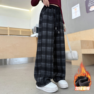 女童加绒裤子秋冬加厚格子休闲裤