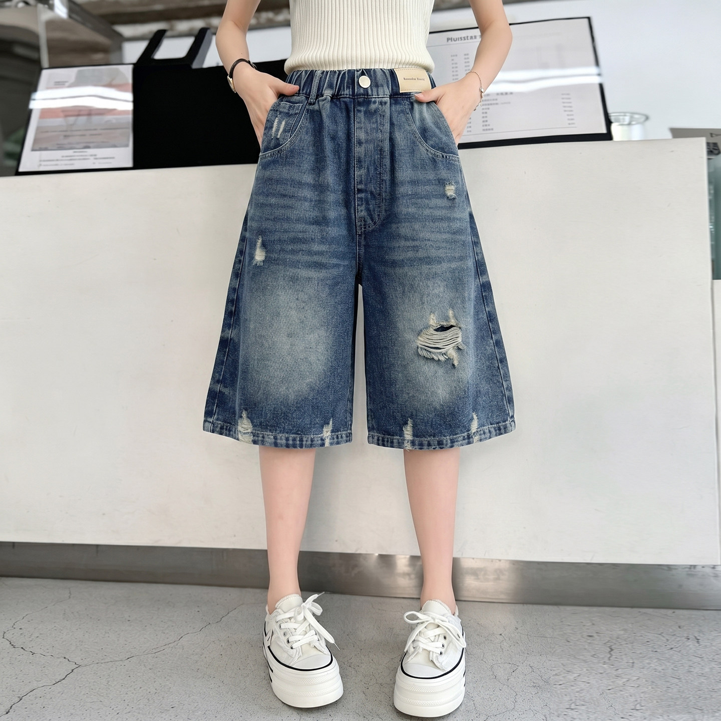 女童短裤夏季儿童破洞五分裤薄款外穿2026新款洋气女大童牛仔中裤