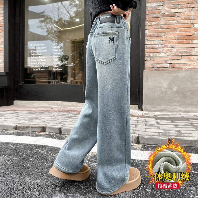 女童加绒裤子冬季加厚保暖牛仔裤