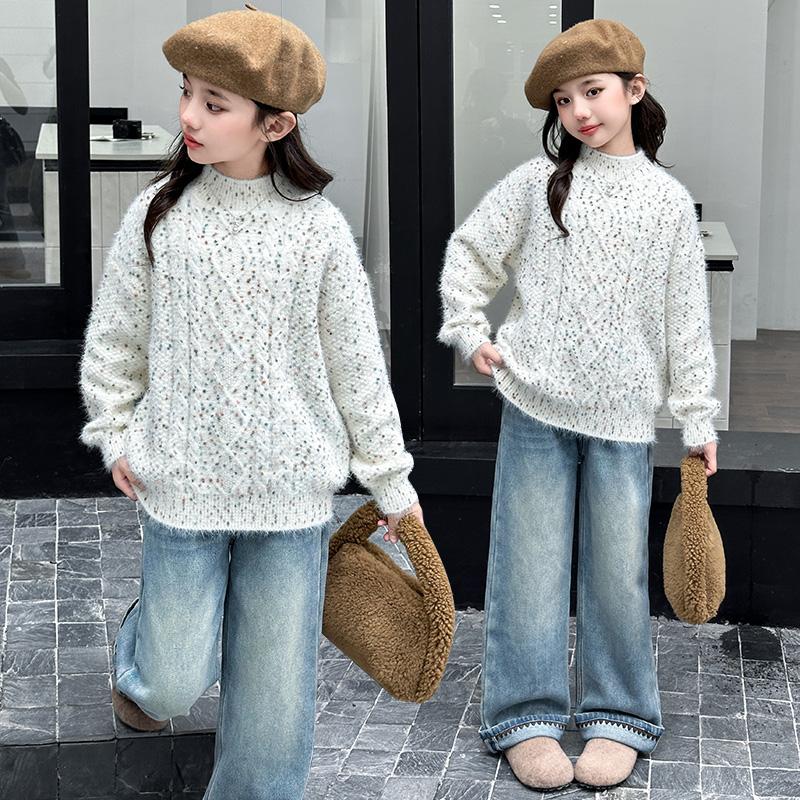 女童毛衣秋冬款加厚水貂绒毛线衣