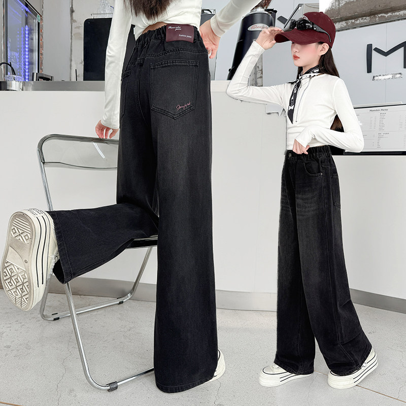 女童裤子秋款洋气黑色直筒牛仔裤