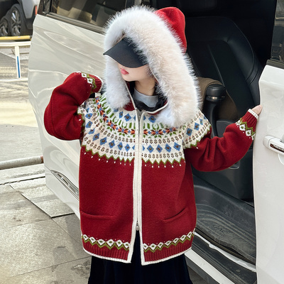 女童毛衣开衫外套加厚红色针织衫