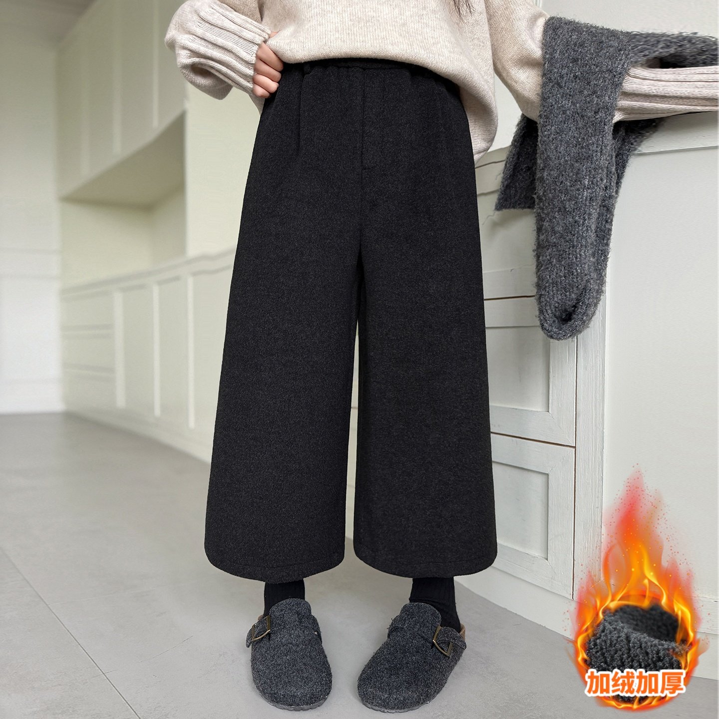 女童羊毛呢八分裤冬加绒加厚裤子