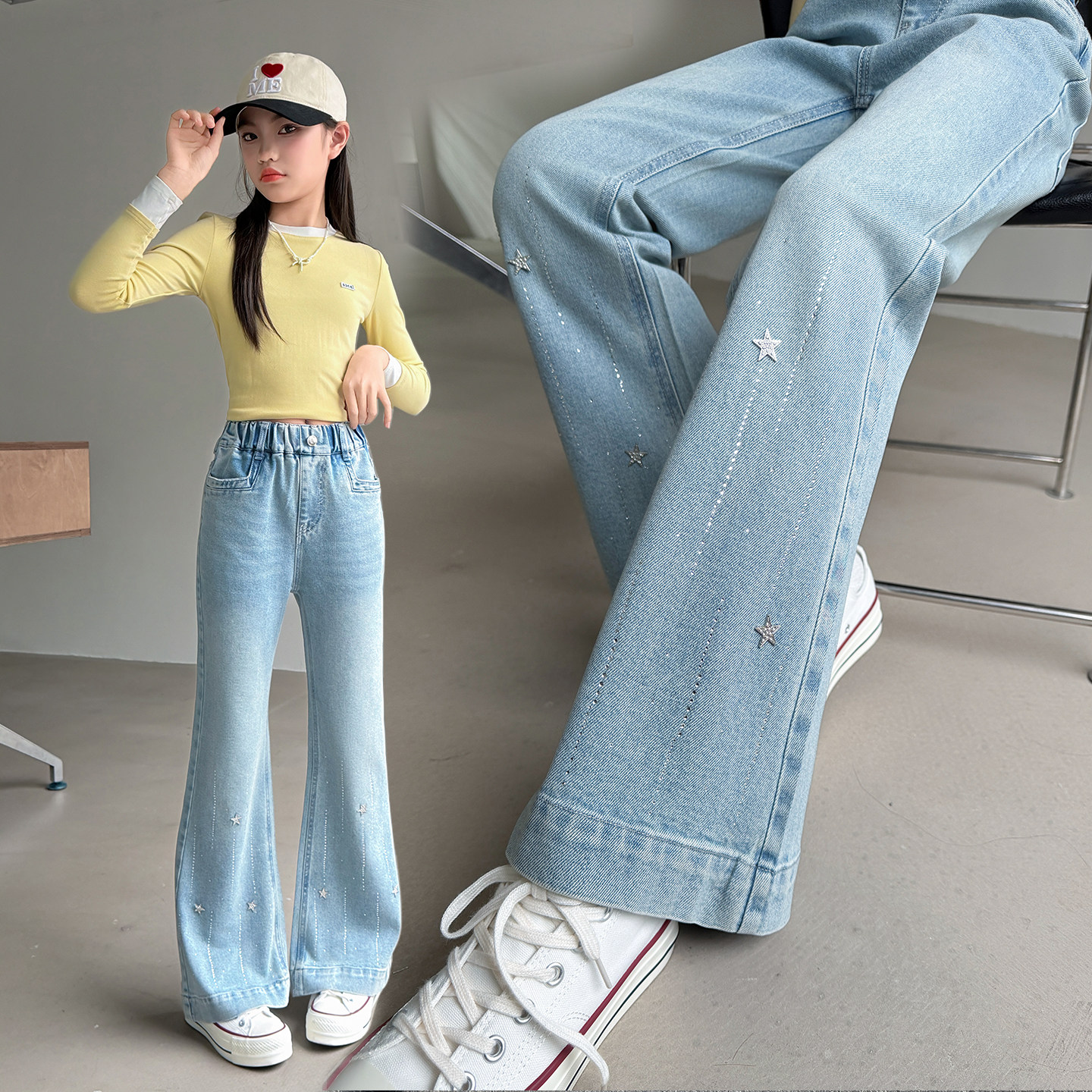 女童裤子春夏薄款洋气儿童亮钻微喇牛仔裤2026新款大童好看喇叭裤