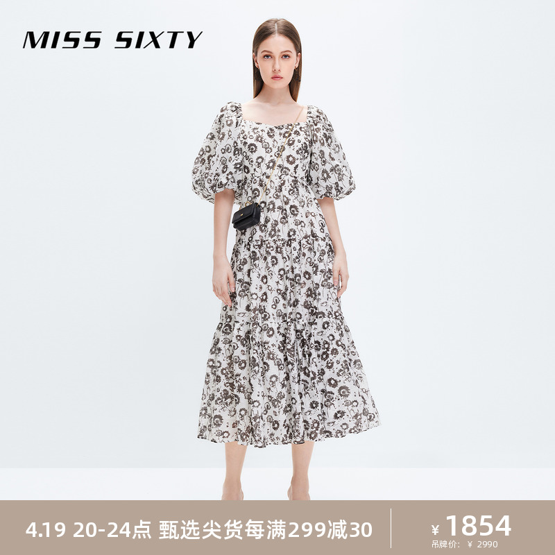 Miss Sixty2023秋季新款连衣裙女复古方领碎花泡泡袖露背系带修身