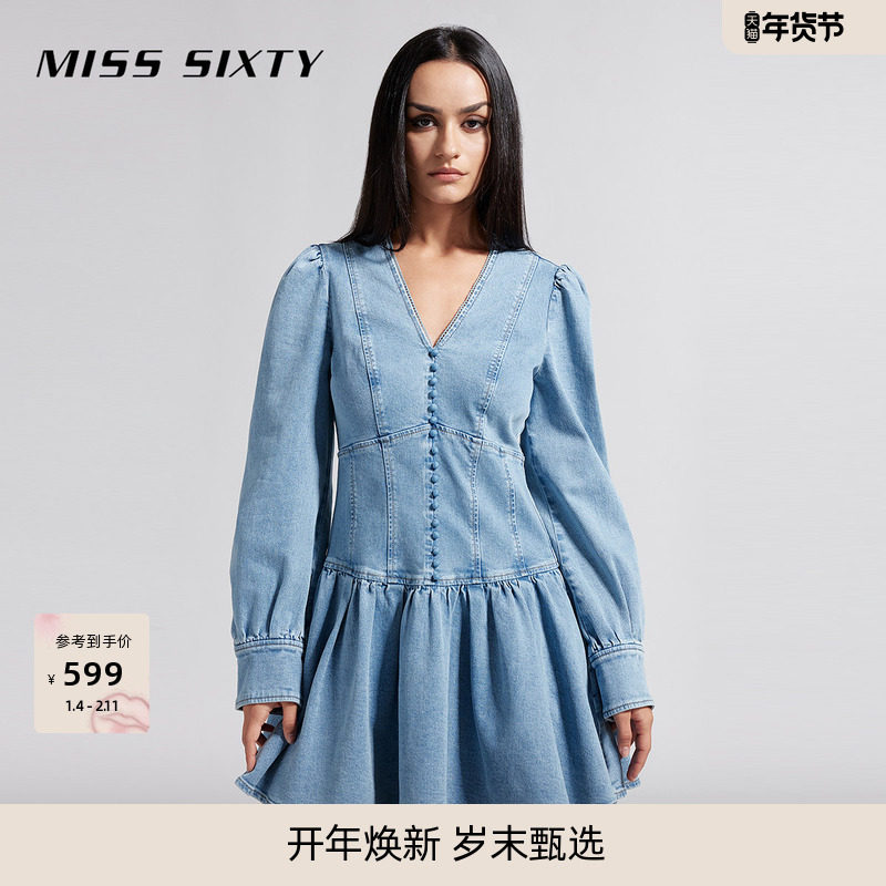 Miss Sixty复古牛仔连身连衣裙女气质V领长袖短裙浪漫荷叶边优雅,女装/女士精品,连衣裙,淘宝优惠券,粉丝福利购,淘宝优惠卷