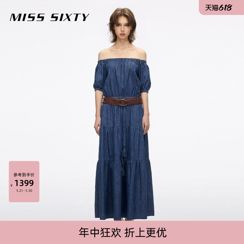 Miss Sixty2026夏季新款牛仔连衣裙女法式系带收腰附腰