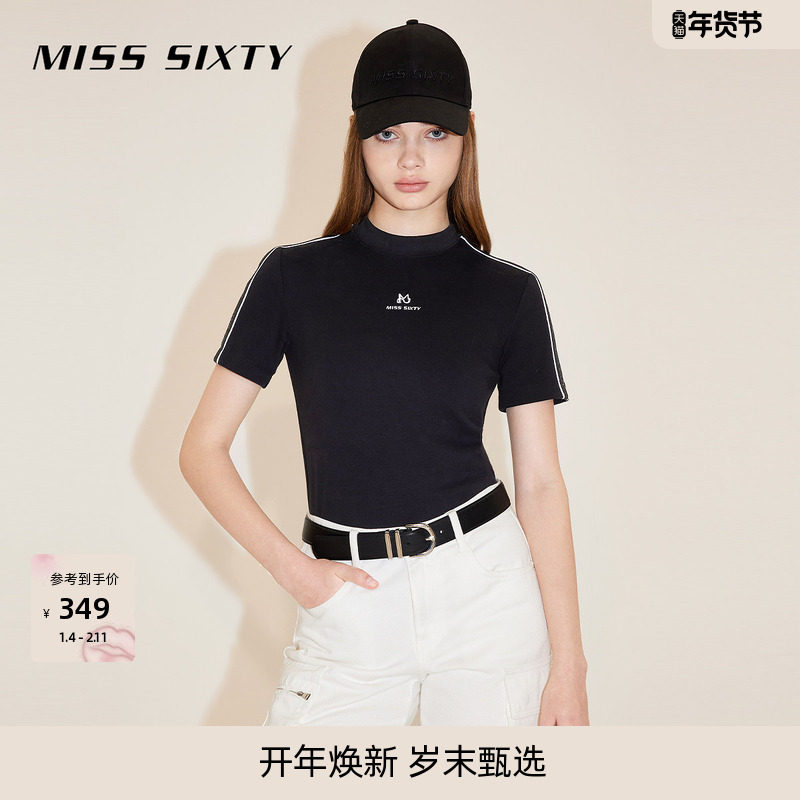 Miss Sixty短袖T恤女半高领辣妹修身显瘦正肩短款上衣复古