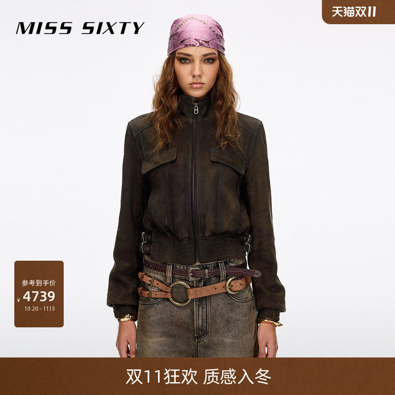 Miss Sixty2026秋季新款皮衣夹克女立领复古扣袢羊反绒