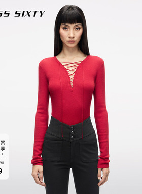 【新年穿搭】[大领口]Miss Sixty25春秋针织衫羊毛桑蚕丝薄款红色