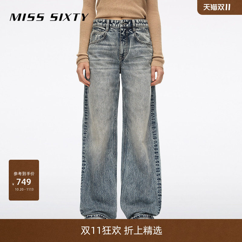 Miss Sixty2026秋季新款牛仔裤女中腰宽松复古做旧磨破休闲萝卜裤