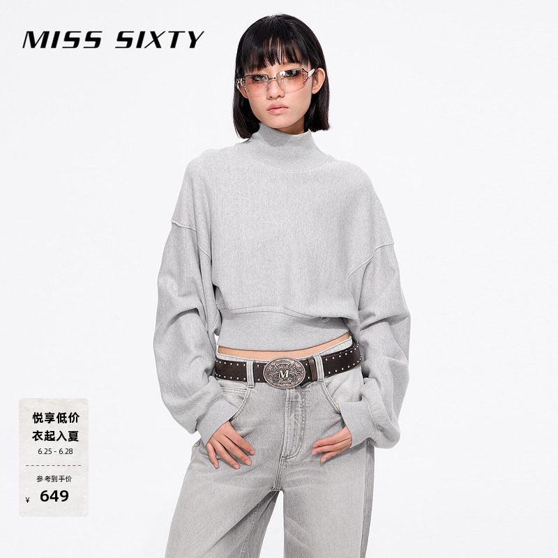 Miss Sixty春秋款格雷灰卫衣女半高领宽松短款纯棉休闲运动