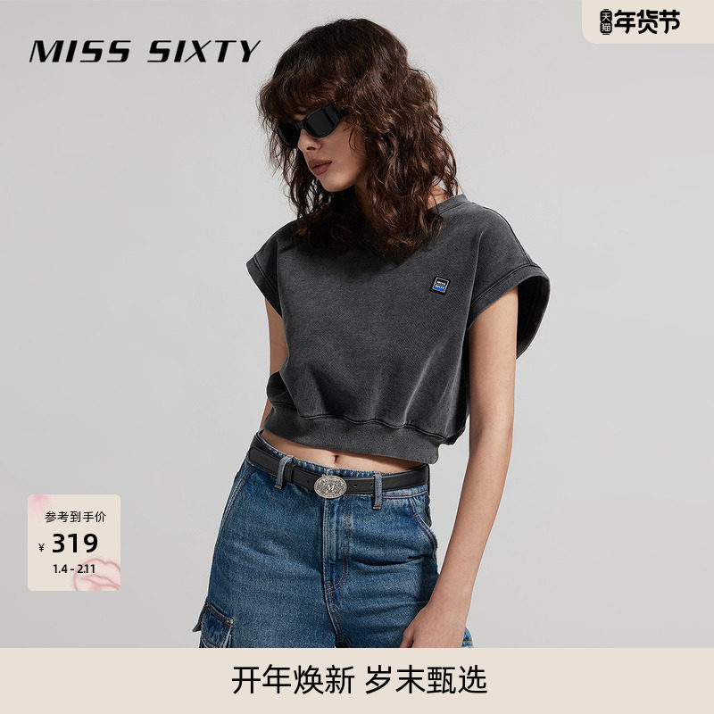 Miss SixtyT恤V领飞袖灰色做旧感章仔休闲运动风短款上衣