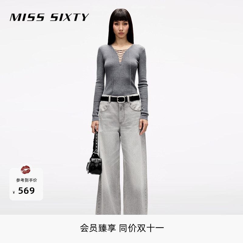 [大领口]Miss Sixty25春秋针织衫系带紧身羊毛桑蚕丝薄款上衣百搭