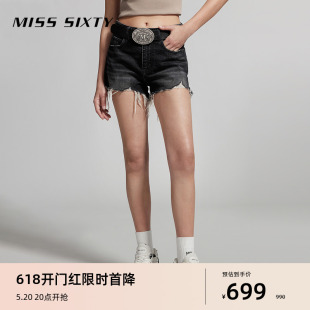 牛仔短裤 Miss Sixty2024夏季 新款 女复古磨破烂设计高腰显瘦黑灰色