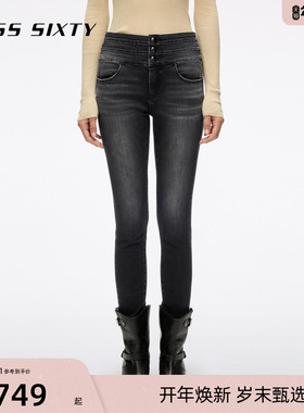 Miss Sixty2025秋季新款牛仔裤女三环高腰复古黑灰紧身裤铅笔裤