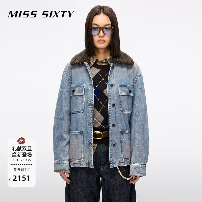 Miss Sixty2025冬季新款棉质牛仔外套女拼接领复古洗水