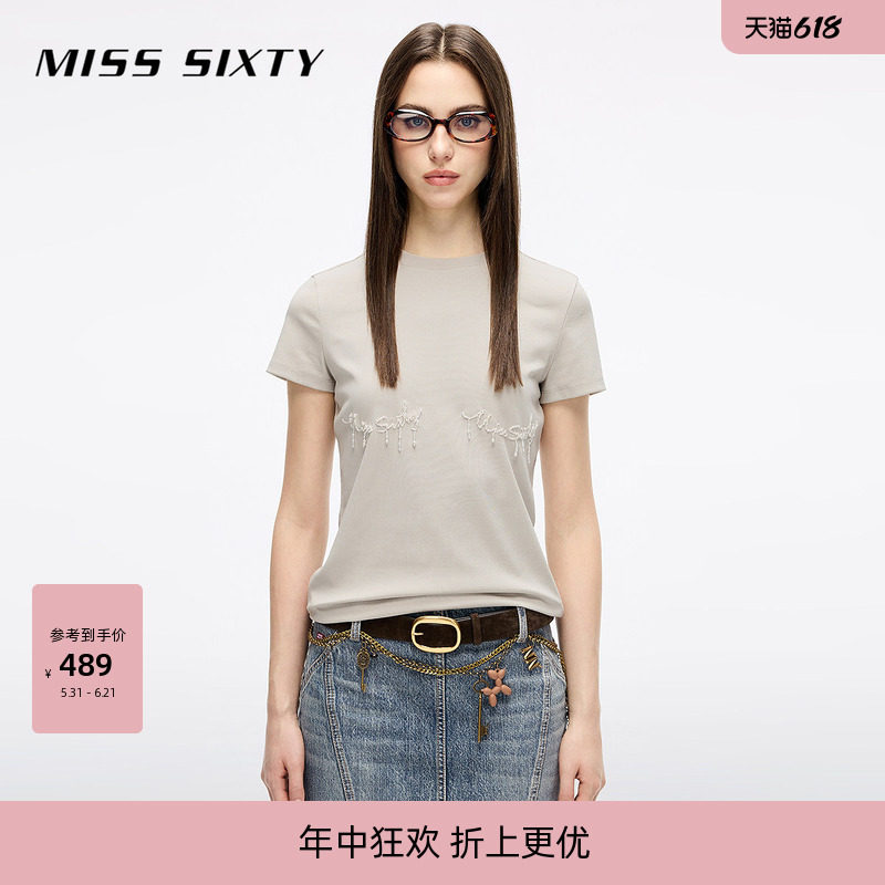 Miss Sixty2026春夏短袖T恤女圆领珍珠钉珠弹力个性复古上衣