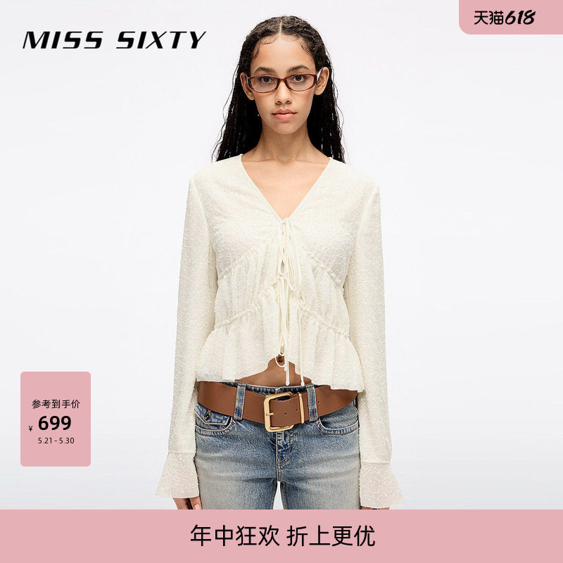 Miss Sixty2026春夏衬衫V领系带荷叶边雪纺珠片绣短款