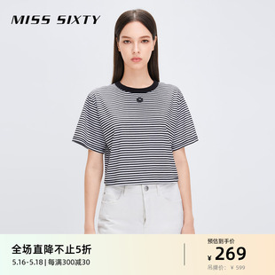 宽松四叶草图案气质上衣 短款 Miss Sixty复古条纹T恤女圆领短袖