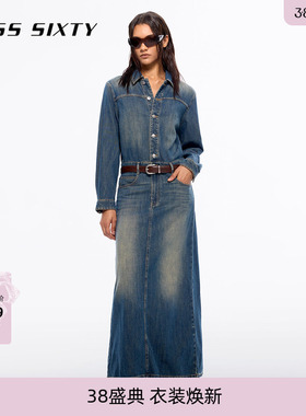 Miss Sixty含莱赛尔牛仔连身连衣裙女配腰带长袖复古后开衩工装