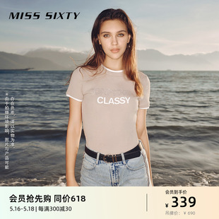 Sixty2024春季 Miss 新款 T恤女圆领短袖 烫钻印花撞色拼接休闲高街