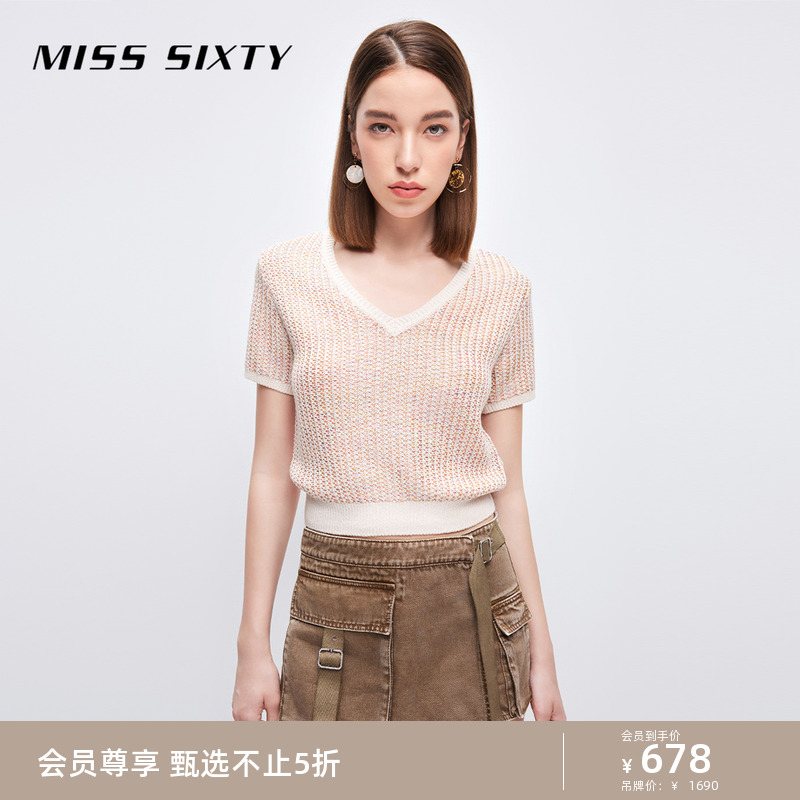 Miss Sixty针织衫女气质上衣V领拼色设计优雅通勤高级感设计 女装/女士精品 毛针织衫 原图主图