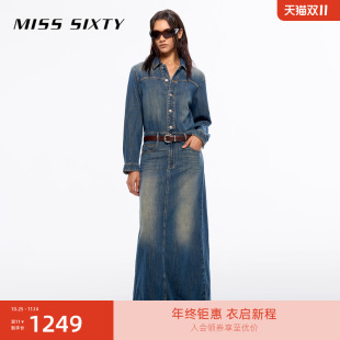 复古后开衩工装 Miss Sixty含莱赛尔牛仔连身连衣裙女配腰带长袖