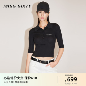 Miss Sixty2024春季新款套头衫女Polo领羊毛针织简约含桑蚕丝短款