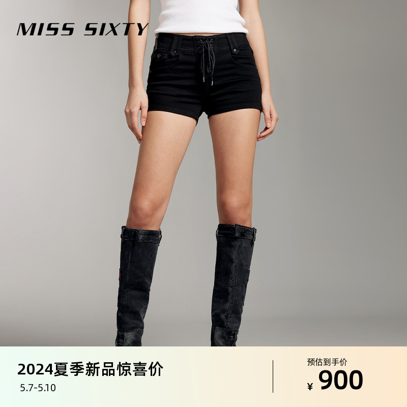 Miss Sixty2024夏季新款牛仔短裤女四面弹小黑裤系带拉链显瘦修身 女装/女士精品 牛仔裤 原图主图