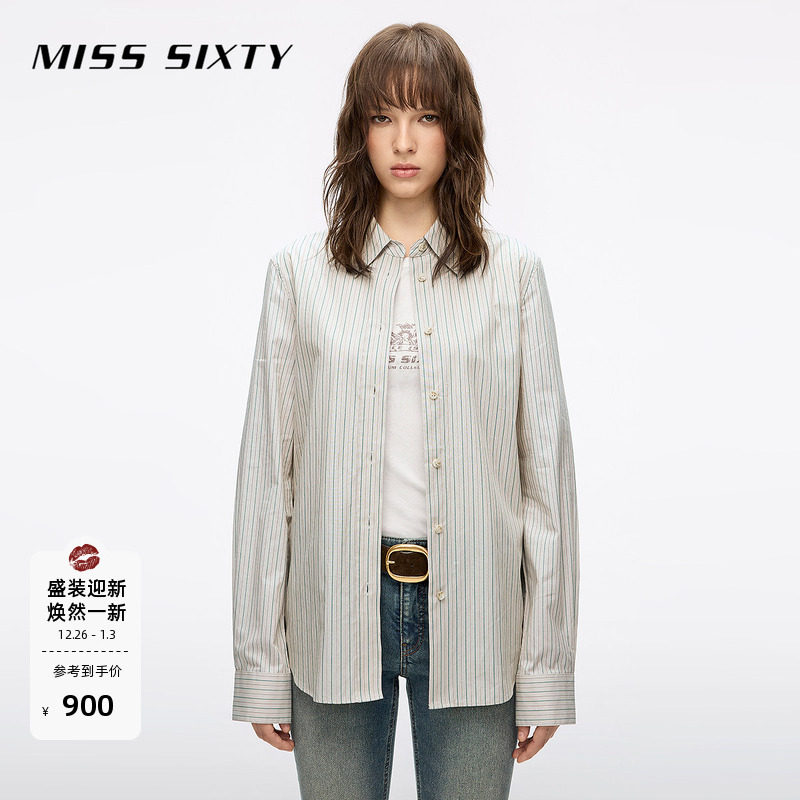 Miss Sixty2025秋季新款衬衫女条纹翻领长袖上衣中长款