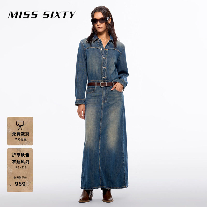 【含莱赛尔】Miss Sixty牛仔连身连衣裙女配腰带长袖后开衩工装