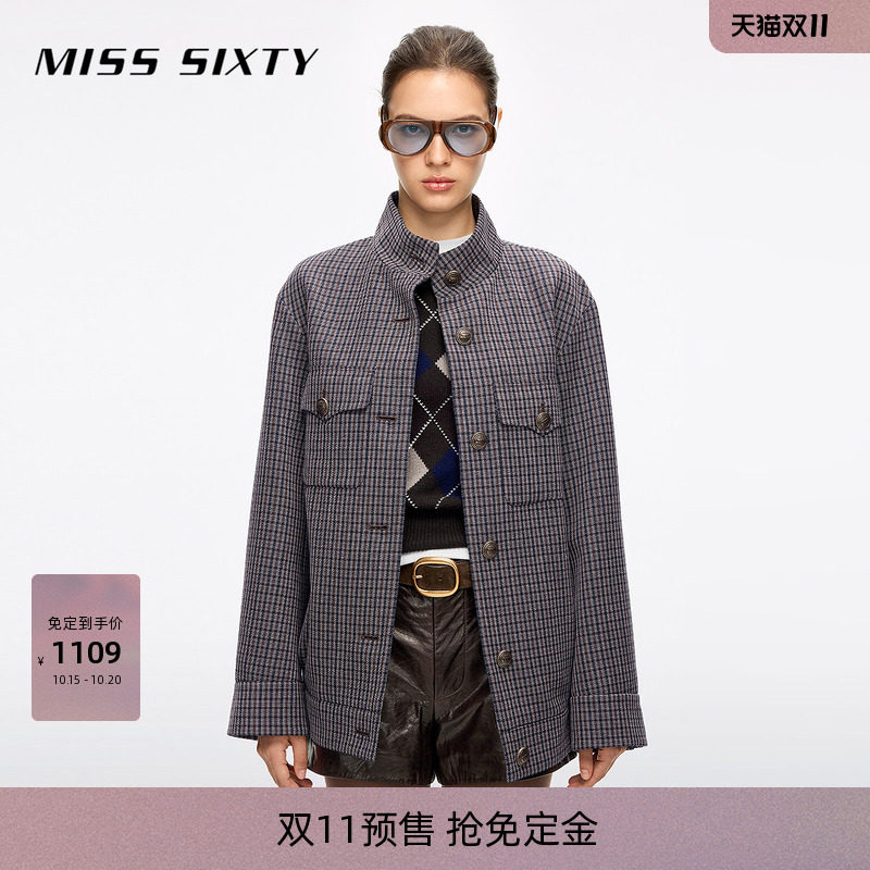 【免定金】Miss Sixty26冬季外套外搭立领单排扣格子羊毛精纺呢