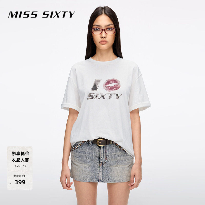 【含亚麻】Miss Sixty26夏季短袖T恤女圆领印花中长款中