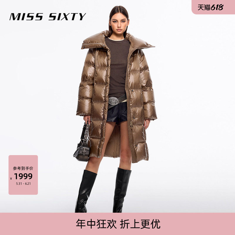 【90鹅绒】Miss Sixty冬羽绒服女双拉链过膝长款亮面外套百搭
