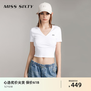 T恤女V领撞色印花微弹修身 Miss 短袖 新款 显瘦休闲 Sixty2024夏季