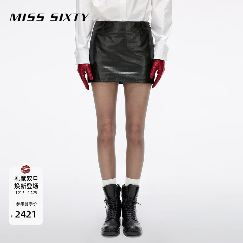 Miss Sixty2025秋季新款真皮短裙女中腰拉链复古机车风